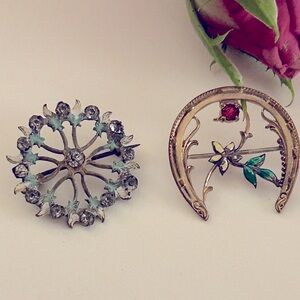 2 Antique brass enamel brooches. Enamel horseshoe, flowers;pinwheel paste stones